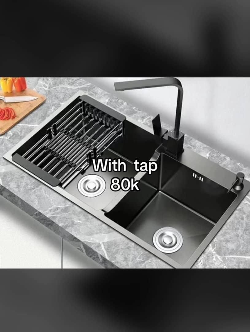 Black Double Bowl Kitchen Sink with Tap
